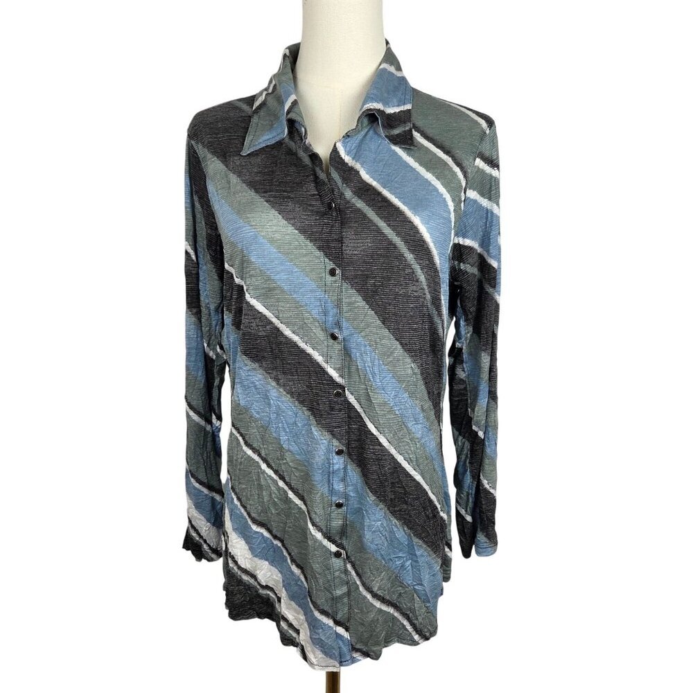 David Cline Shirt Large Snap‎ Front  Slant Stripe Blue Green Crinkle Design